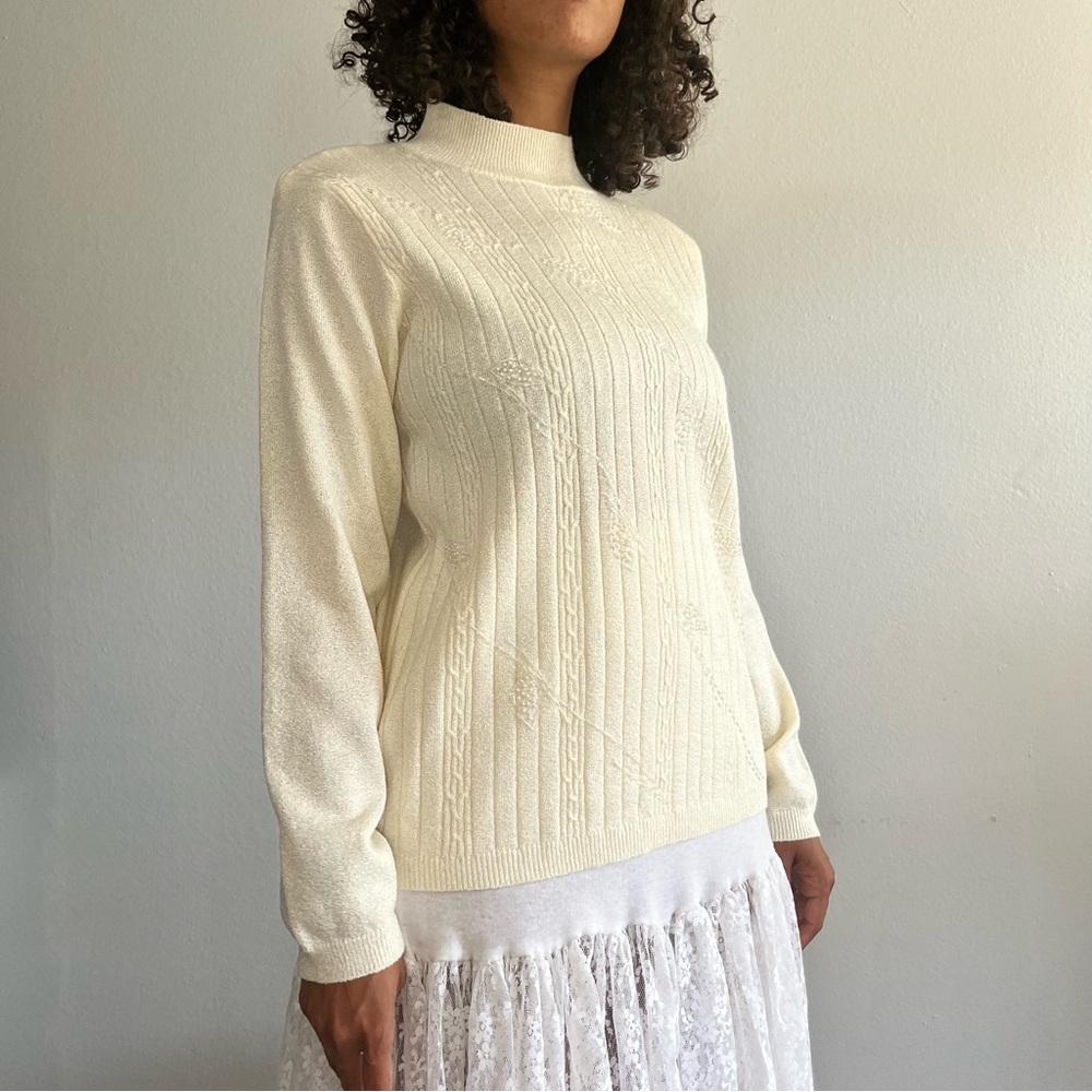 Alfred Dunner Cream and white holiday sweater knitwear beaded details